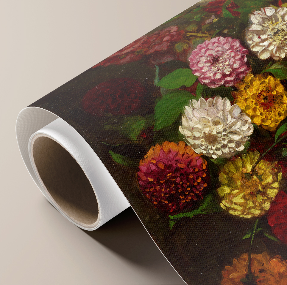 Still Life with Dahlias, Zinnias, Hollyhocks and Plums By Eugene Delacroix MUR Gallery